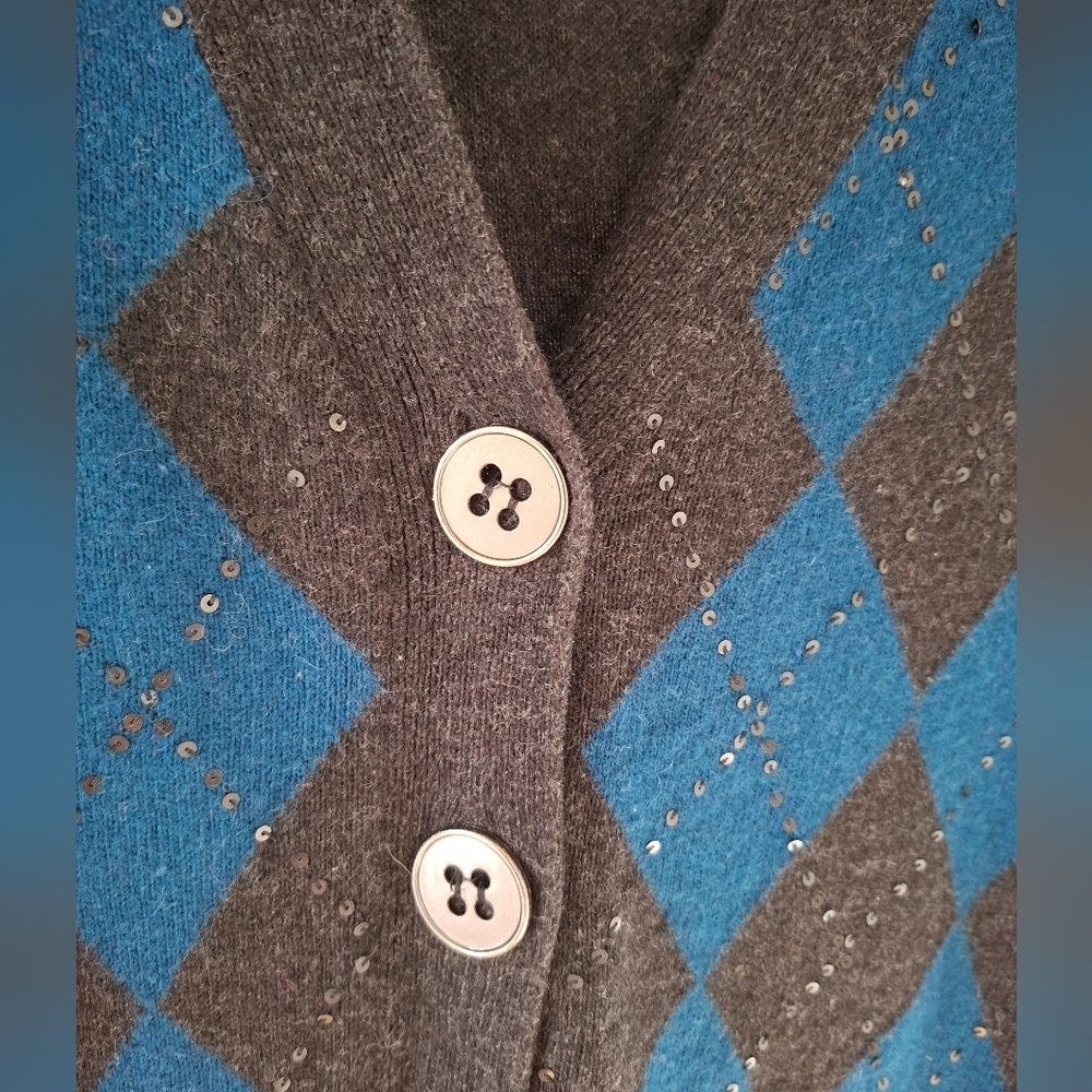Dex Women's Gray & Teal Argyle Cotton/Viscose Longline Cardigan (Size 1X) - Picture 4 of 9